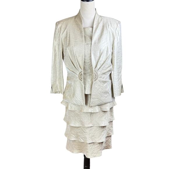 Jessica Howard Tan Gold Tiered Ruffle Sleeveless 2 Piece Jacket Formal Dress Set - Picture 1 of 16